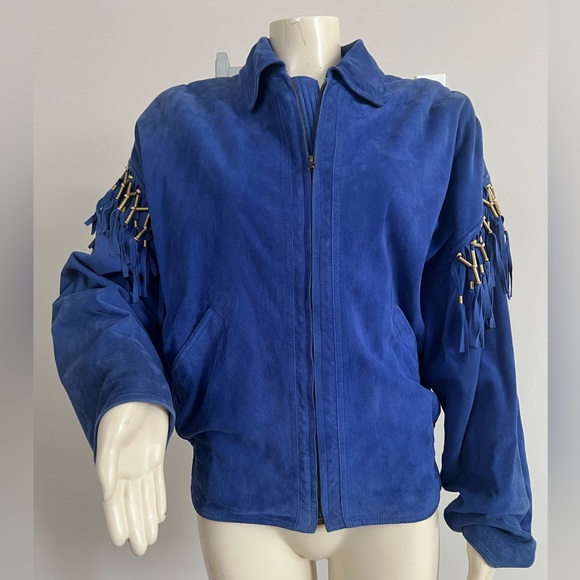 Vintage Gianni Versace 1990 Suede Leather Unisex Jacket With Beaded Fringe - Picture 1 of 17